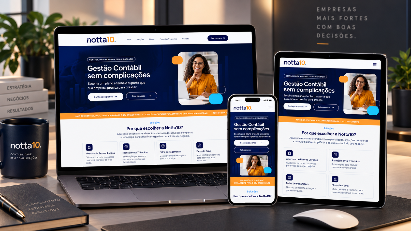Site da Notta10 Contabilidade Online exibido em notebook, celular e tablet