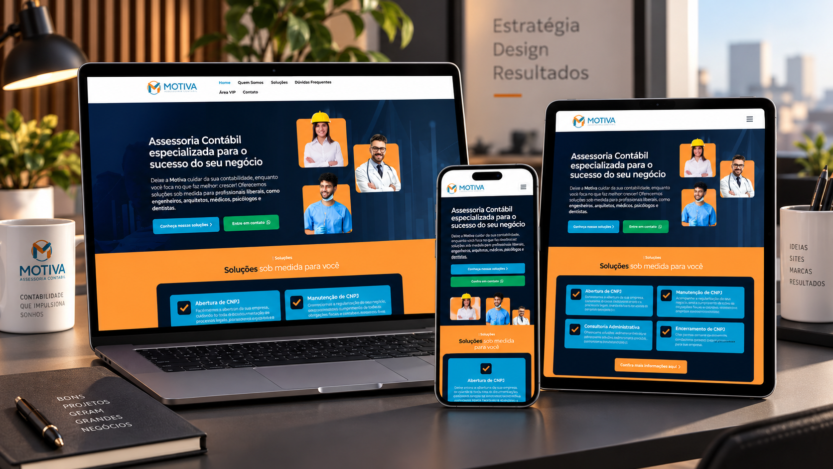 Site da Motiva Assessoria Contábil exibido em notebook, celular e tablet